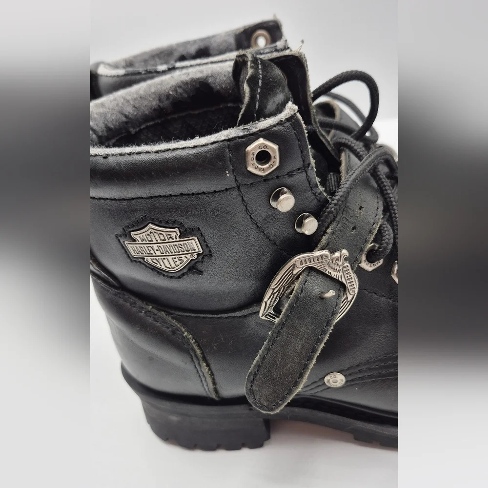 Harley-Davidson Black Leather Lace-Up Strap Motorcycle Boots